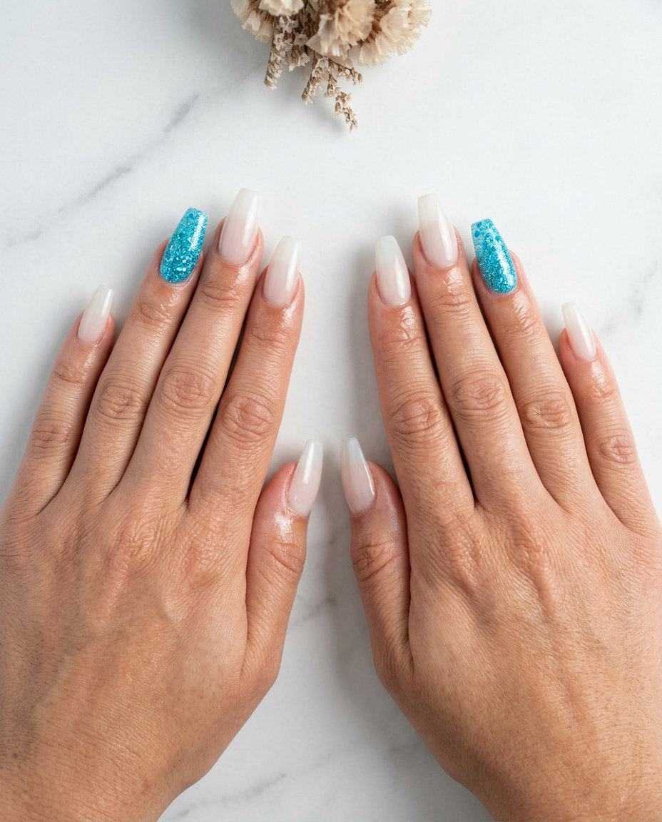 Glitter Accent Nails: June Manicure Ideas 2026 Ocean jewel glitter accent nails for june manicure ideas - summer trends 2026. Glamorous for parties.