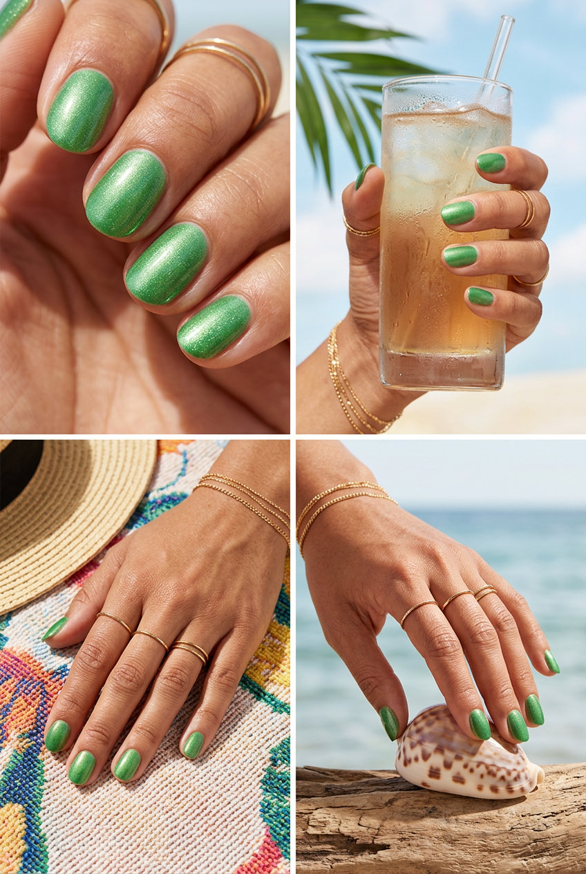 June Manicure Ideas: Seafoam Green Shimmer 2026 Coastal Shimmer Seafoam Green nails for beach days. June manicure ideas - summer trends 2026.