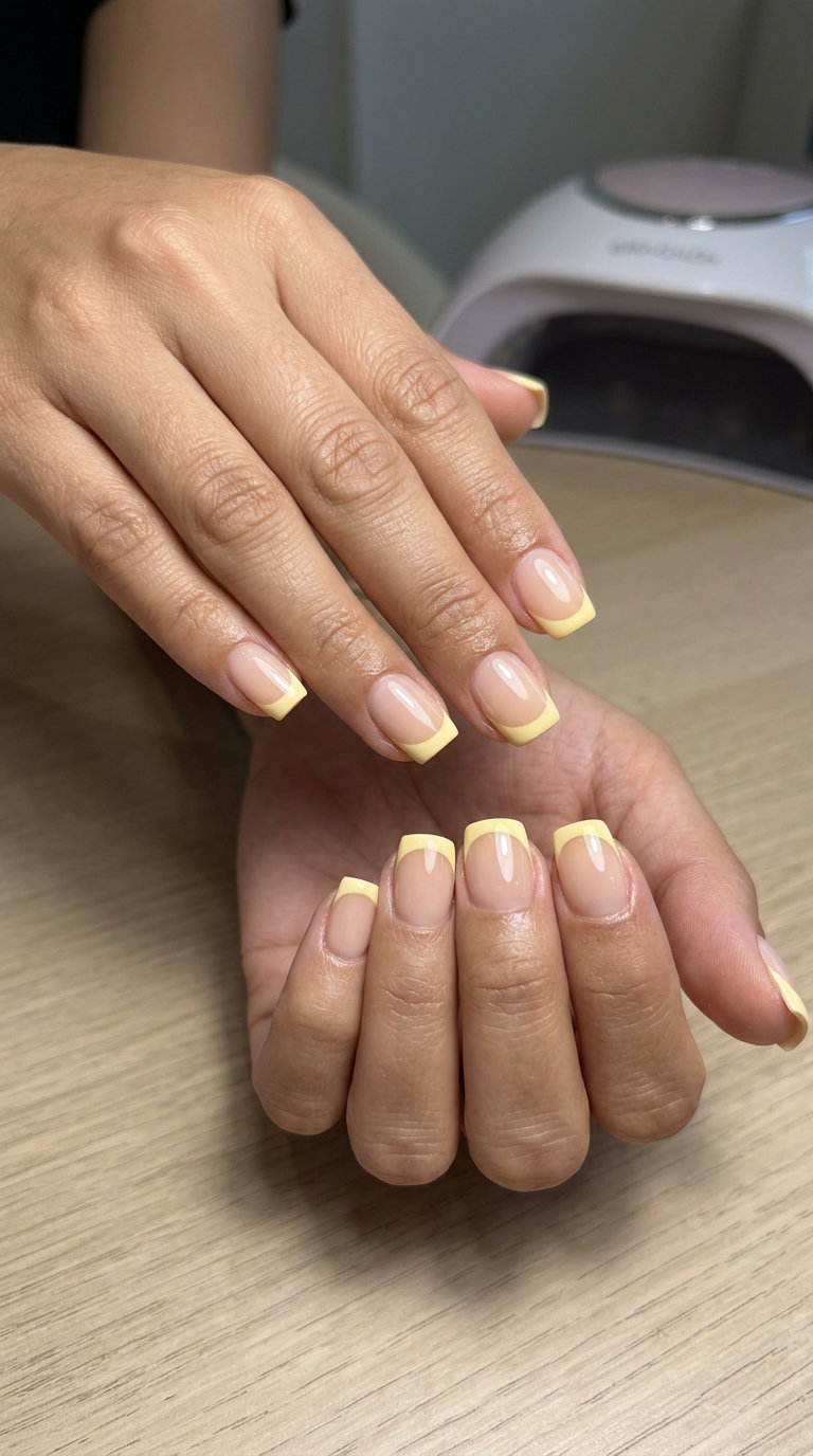 June Manicure Ideas: Sunny Day French 2026 Sunny Day French manicure with butter yellow tips on nude base. June manicure ideas - summer trends 2026.
