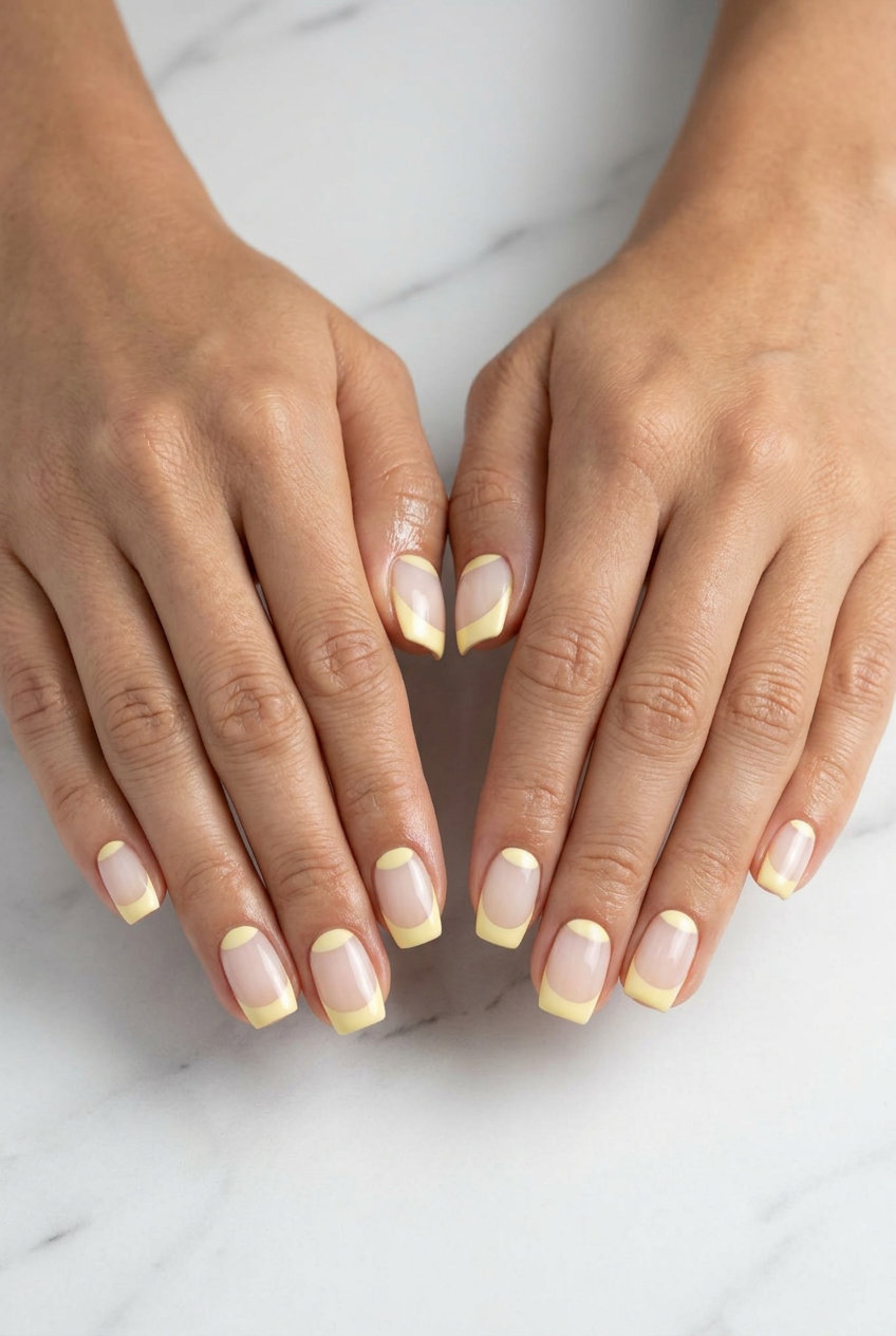 Sunshine Smile Reverse French manicure with butter yellow at the cuticle. June manicure ideas - summer trends 2026.