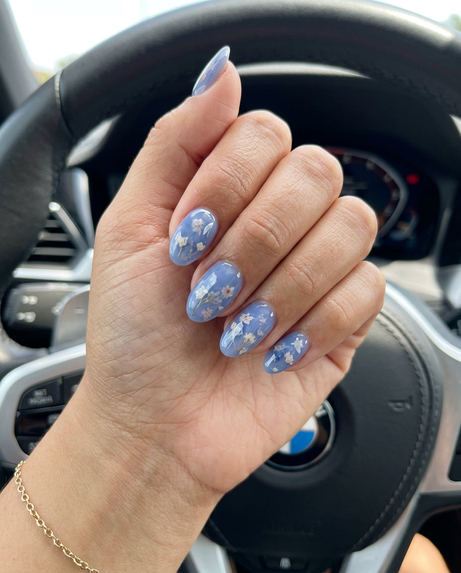 June Nails Ideas: Blueberry Milk Bath Floral 2026 Dreamy blueberry milk bath floral nails for summer 2026. Perfect for weddings and spa days.