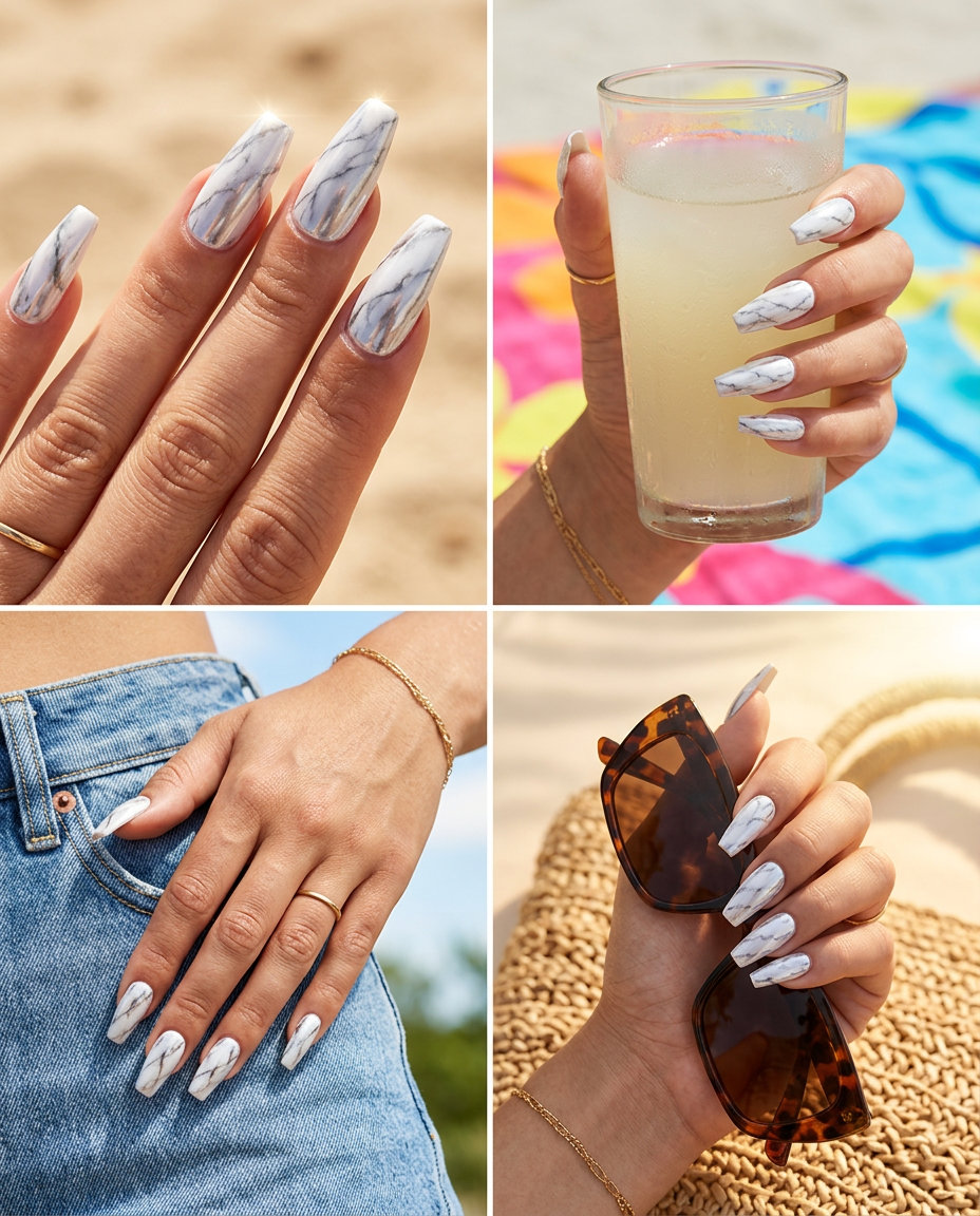 June Nails Ideas: Chrome Marble Chic 2026 Sophisticated nude and white chrome marble nails for summer 2026. Ideal for formal events.