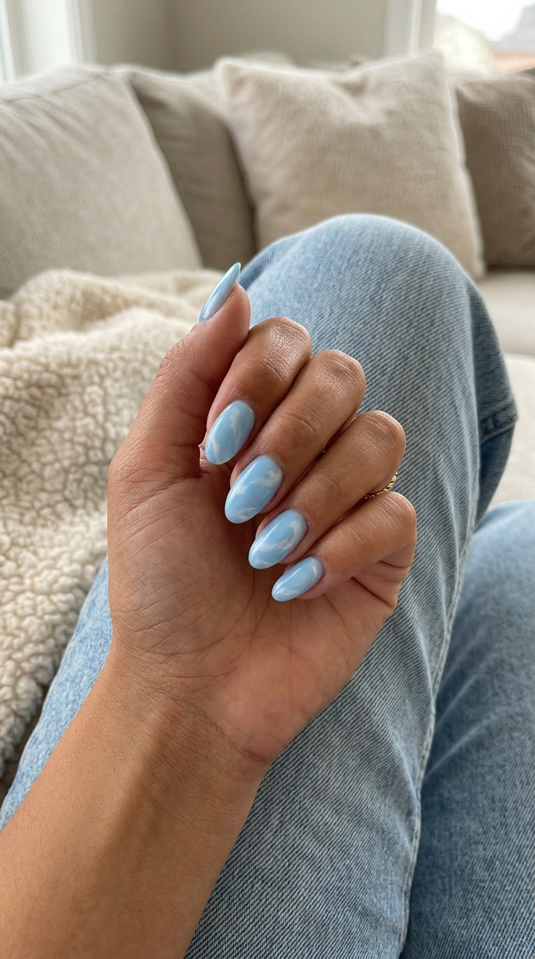 June Nails Ideas: Cloudy Sky Swirl Summer 2026 June nails ideas: Cloudy Sky Swirl design with milky sky blue and white swirls for summer 2026.