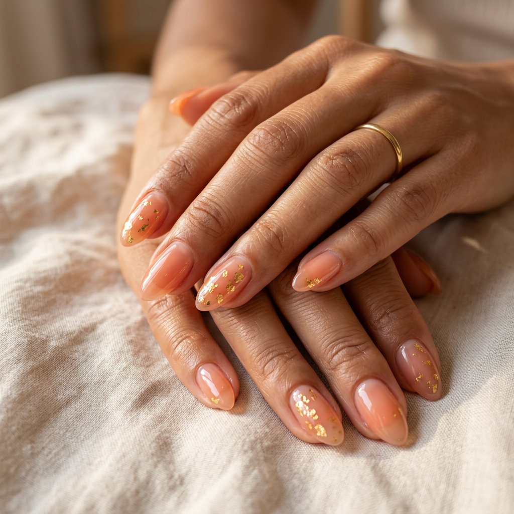 Juicy Peach Jelly Nails - Summer 2026 Style Juicy Peach Jelly nails with gold foil flakes for casual summer day outfits. Best for summer 2026.