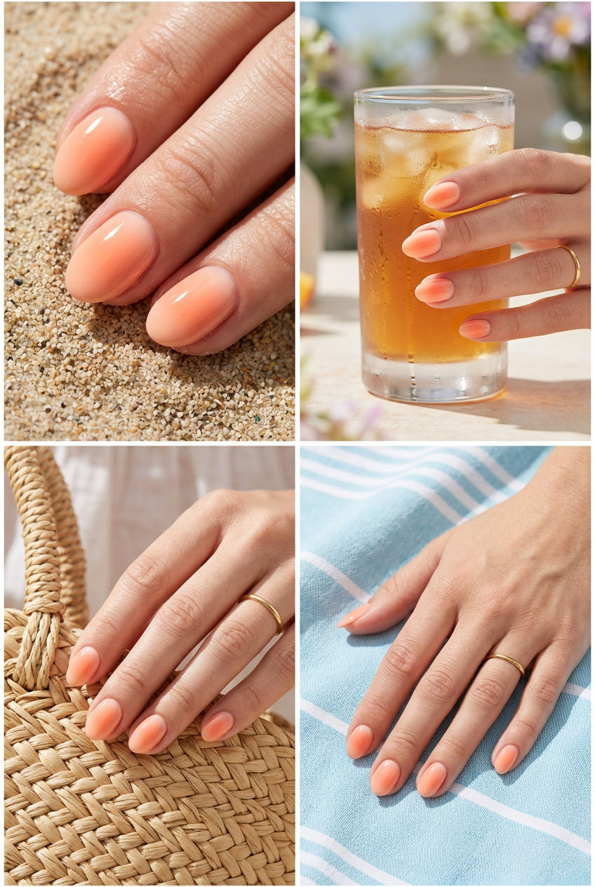 June Nails Ideas: Peachy Glow Aura 2026 Juicy peach and sheer pink aura nails for summer 2026. Perfect for casual outings and parties.