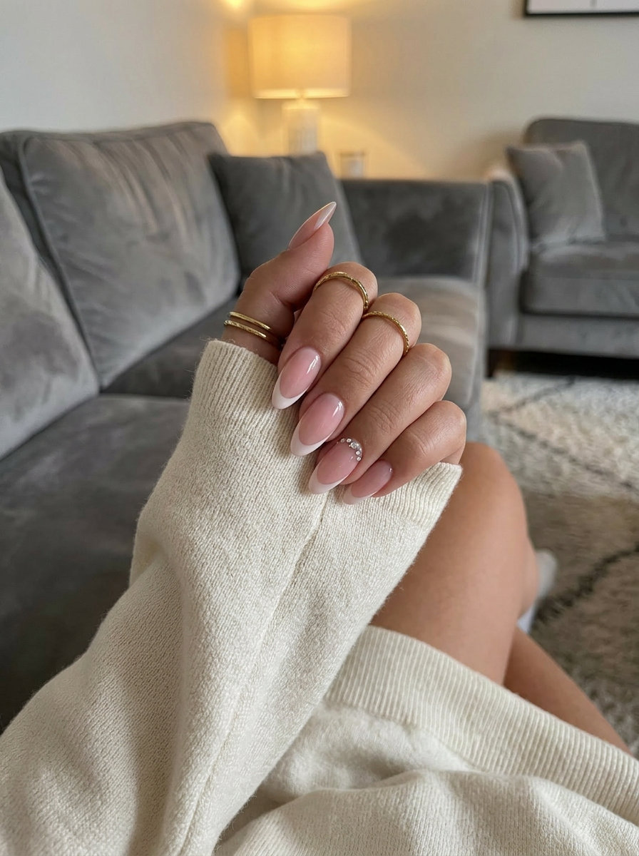June Nails Ideas: Pink Diamond French 2026 Glamorous pink diamond French nails for summer 2026. Elegant for weddings and date nights.