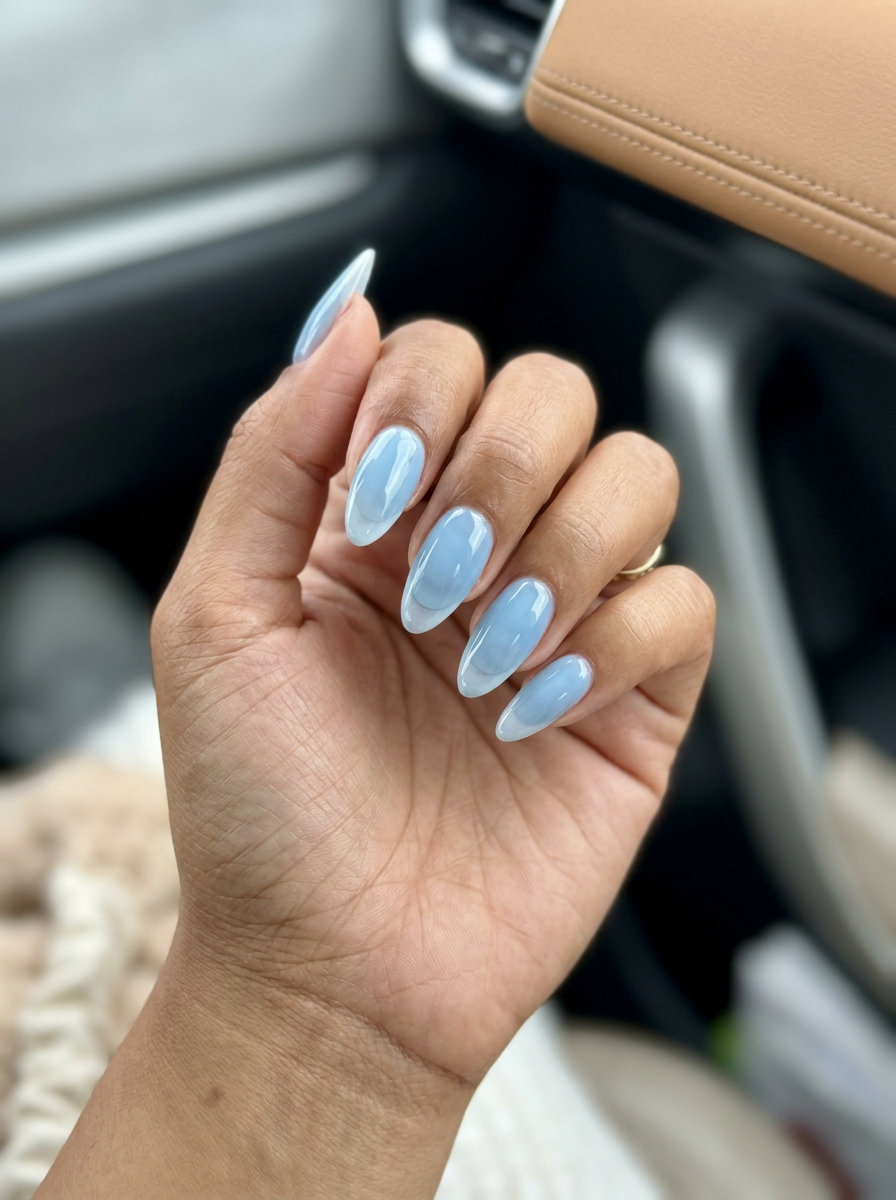 June Nails Ideas: Sky Blue Jelly French 2026 Refreshing sky blue jelly French tip nails for summer 2026. Clean and polished for daily wear.