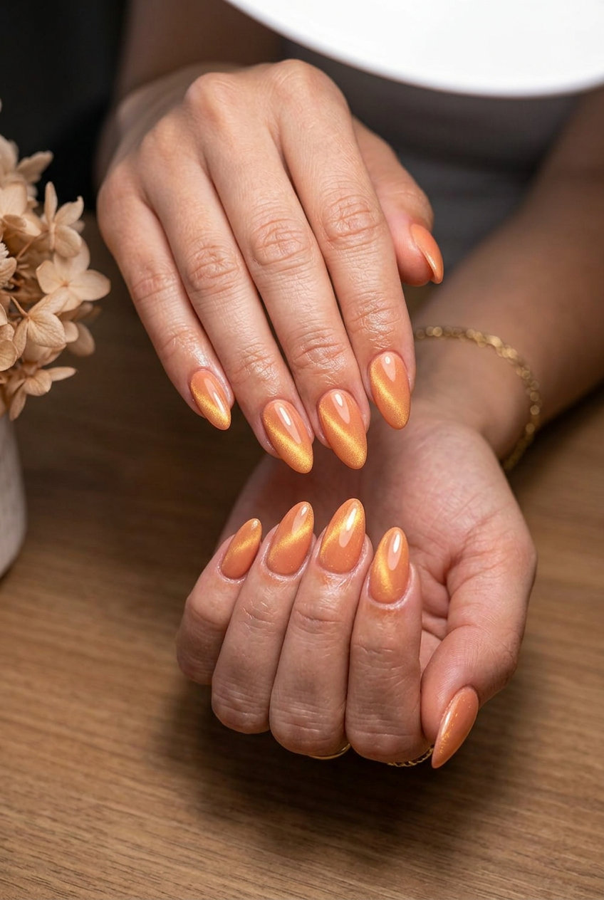 June Nails Ideas: Sunset Peach Cat-Eye 2026 Sultry sunset peach chrome cat-eye nails for summer 2026. Glamorous for date nights.