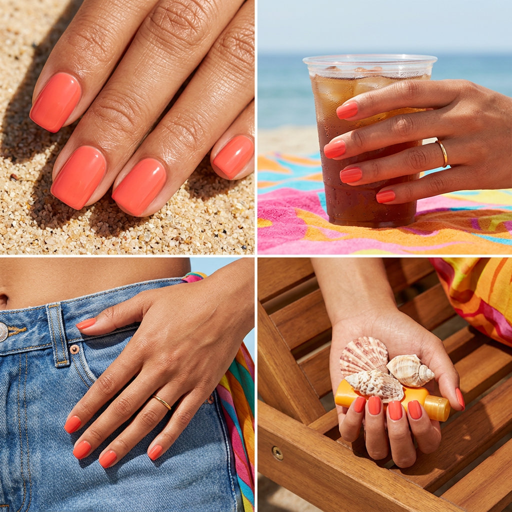 June nails ideas: Vibrant Coral Glossy Square for a bold and energetic summer 2026 look.