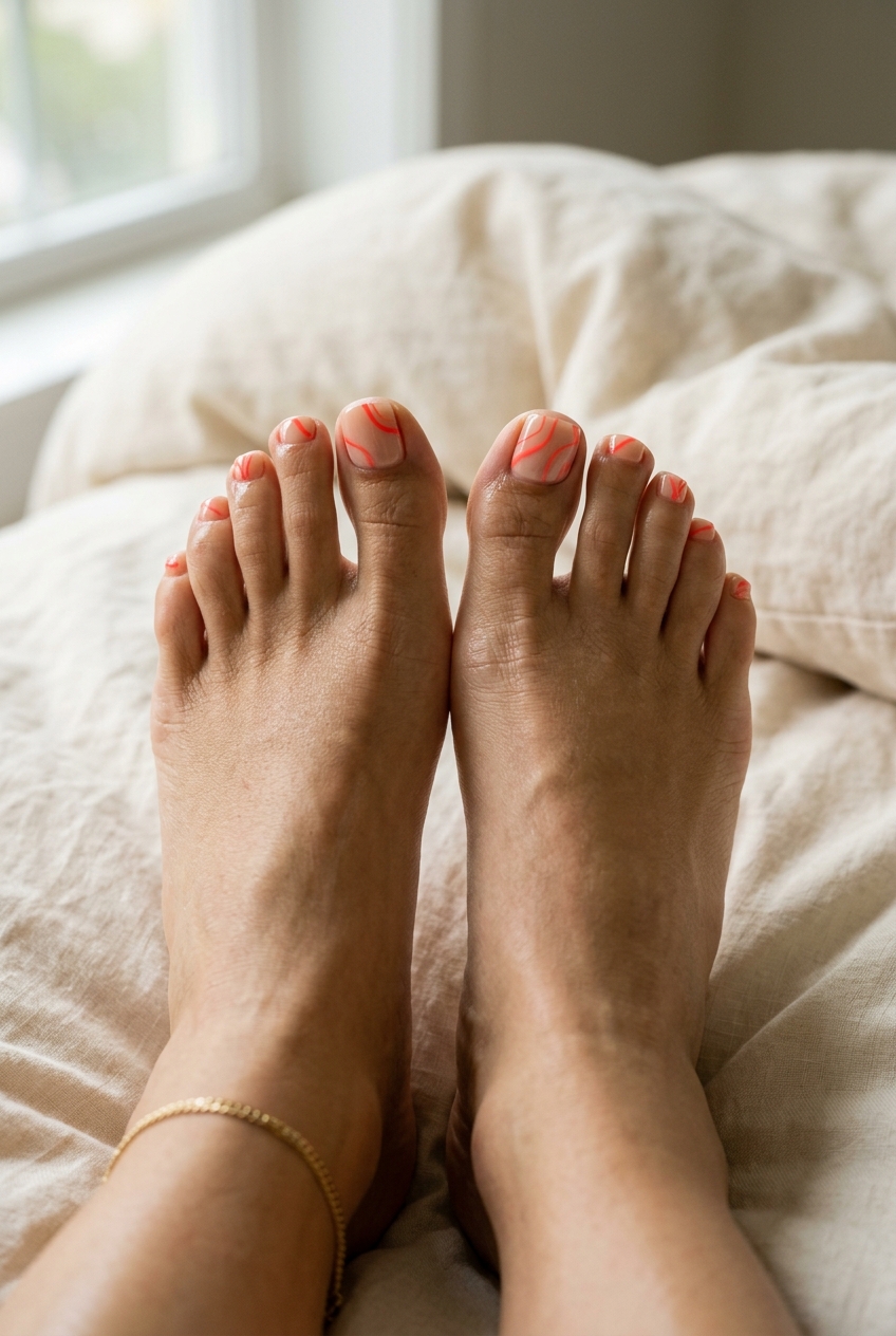 June toe nails ideas: Coral abstract lines on sheer nude gel polish for summer 2026 casual outing.