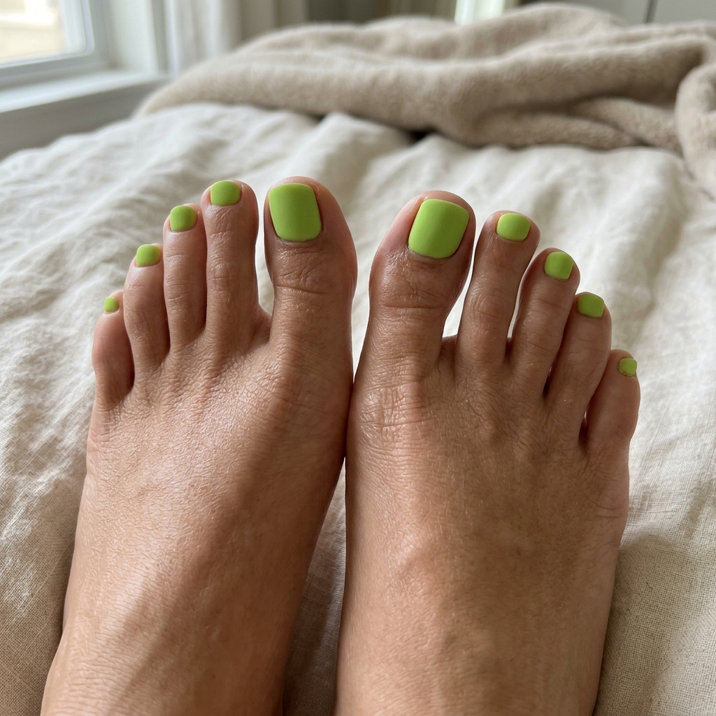 June toe nails ideas: Edgy matte lime zest squoval pedicure for bold summer 2026 festival style.