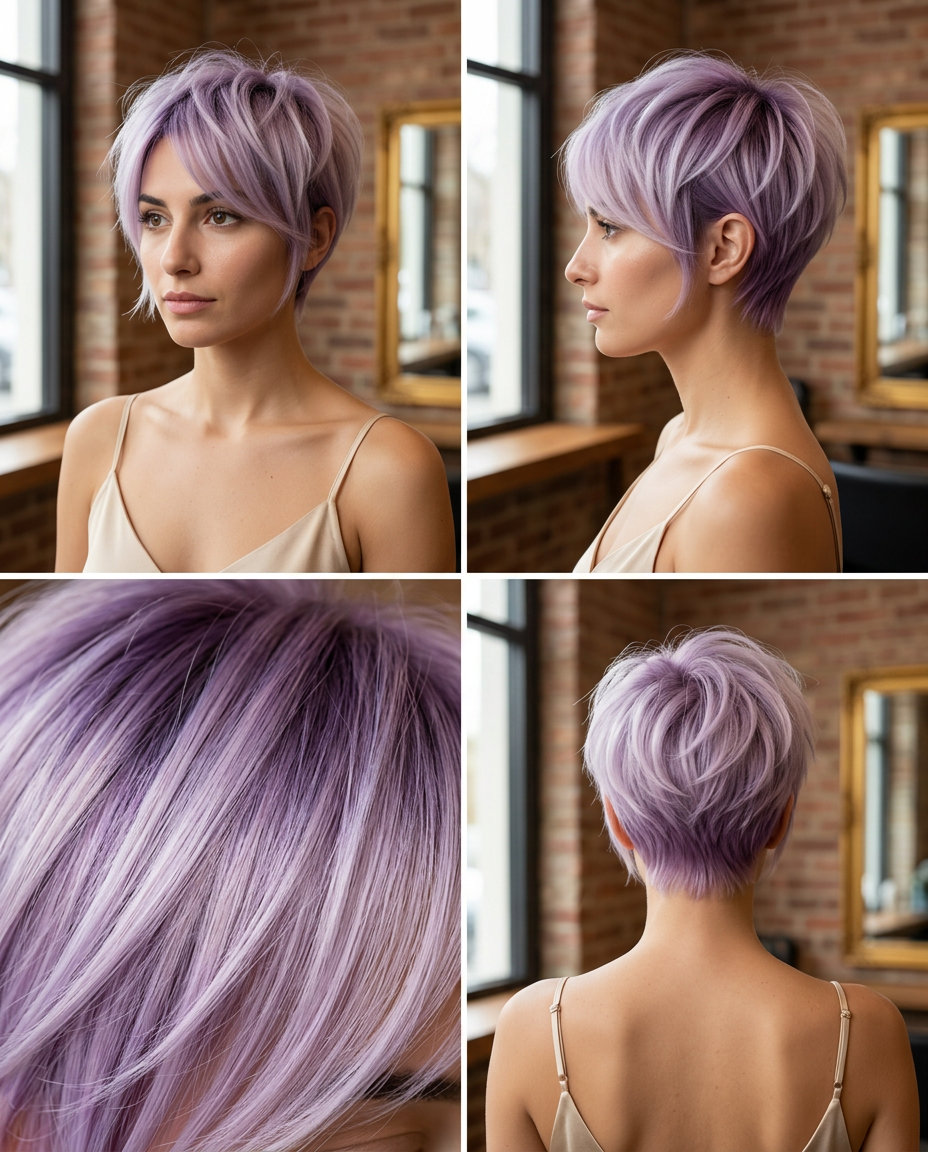 short pixie haircut in soft lavender with violet root, wispy layers for ethereal look