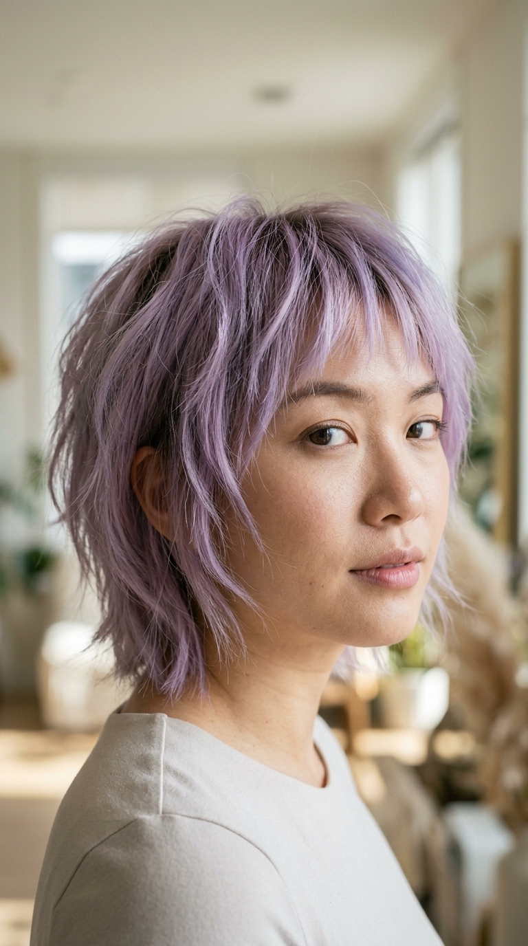 short lavender wolf cut with wispy micro-bangs and razored layers for playful style