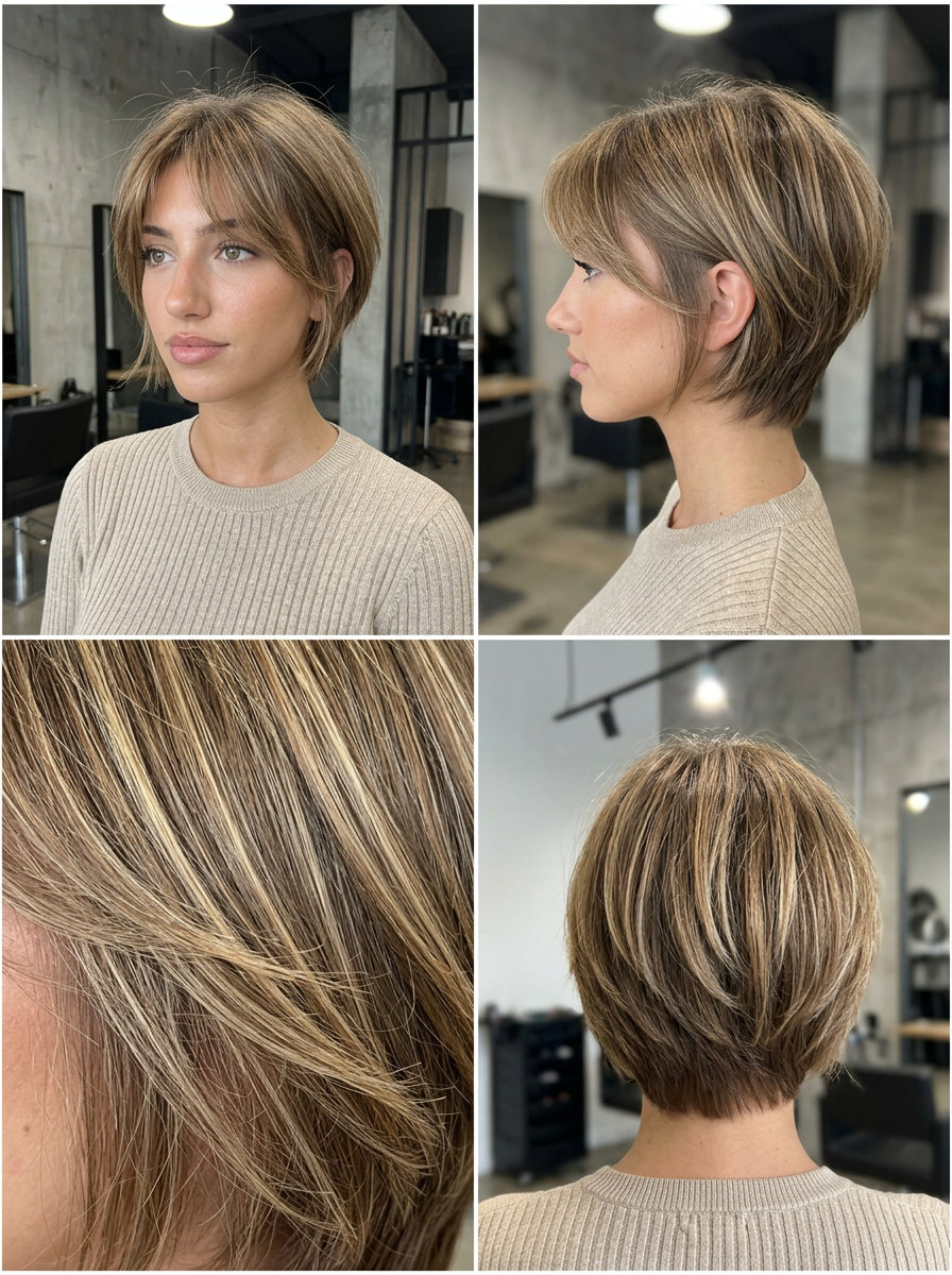 short textured pixie haircut with light brown babylights and wispy bangs for summer
