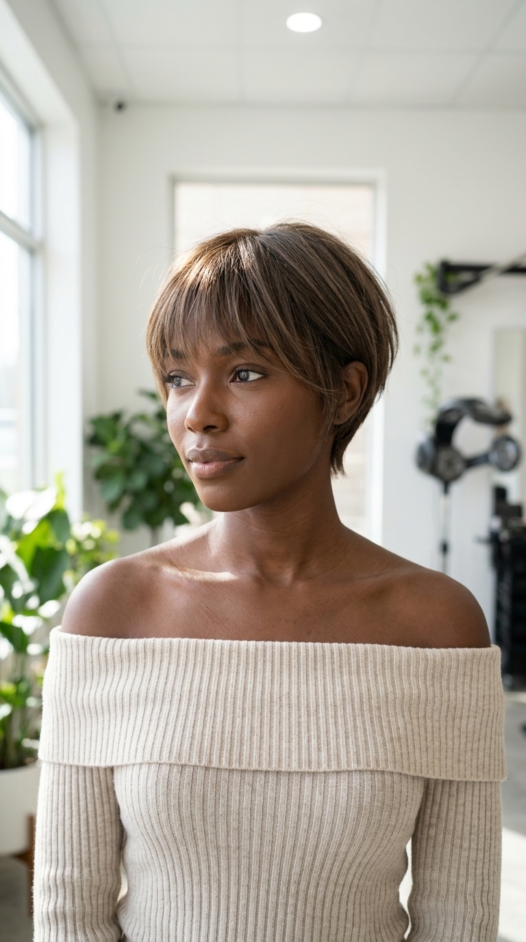 Short pixie haircut in natural light brown with wispy bangs, tapered sides, graduated nape — playful chic