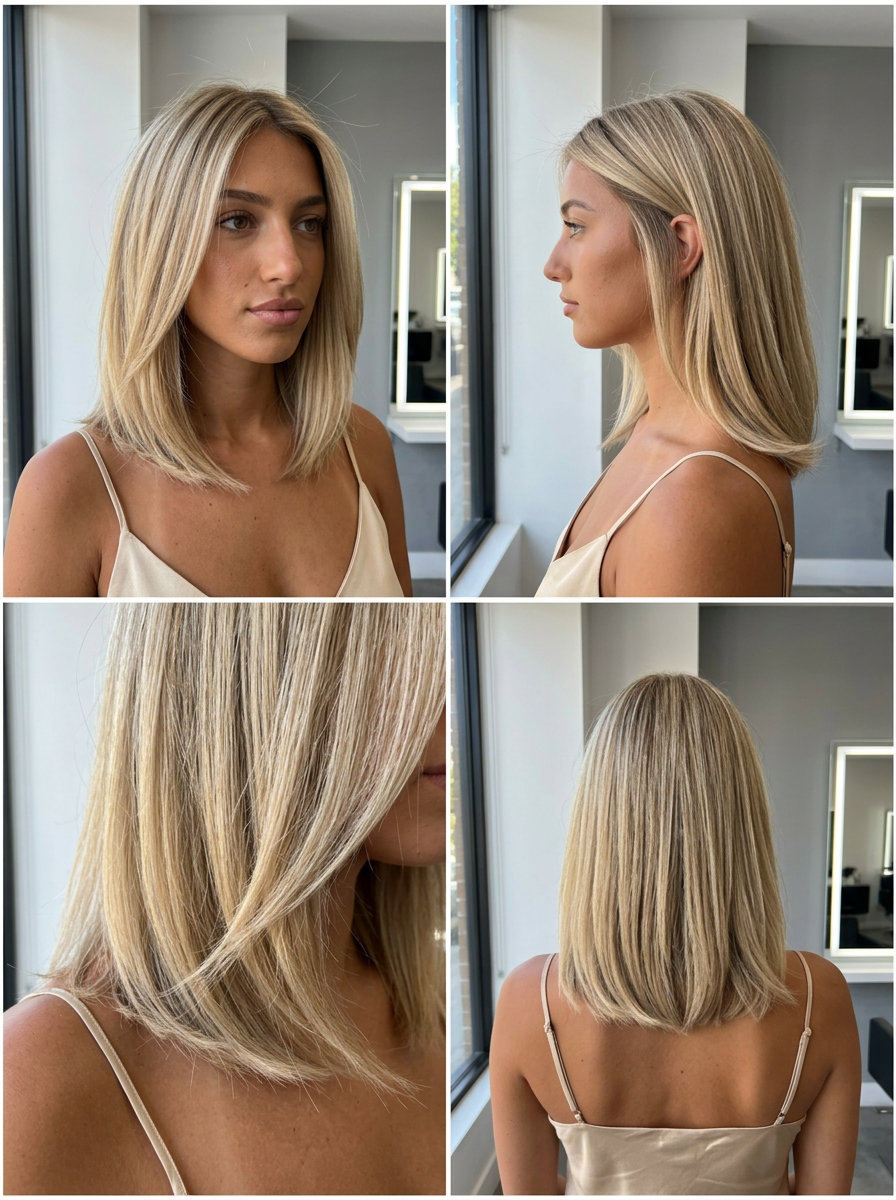 collarbone lob haircut with linen blonde color and A-line shape for thin fine hair