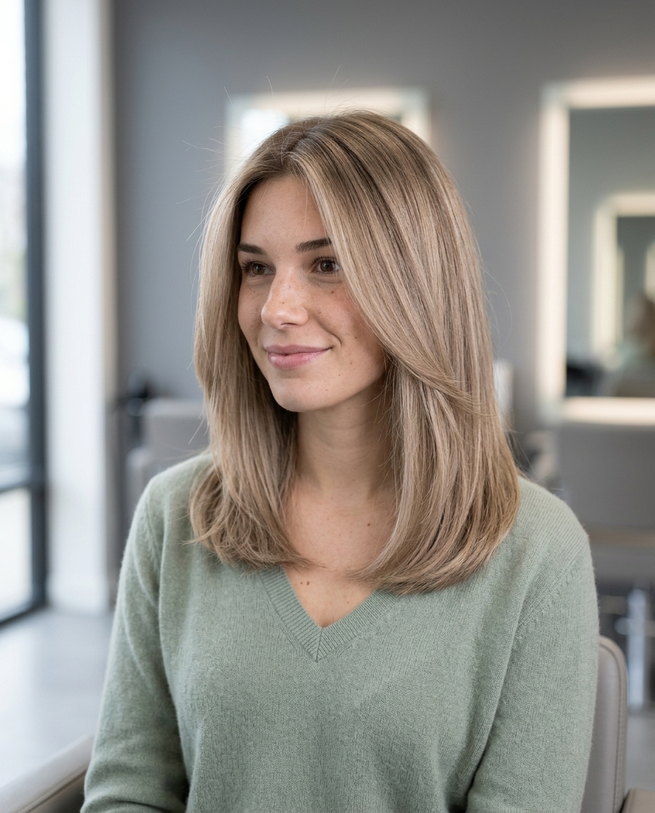 long linen blonde air-touch balayage with neutral beige tones, soft root smudge — effortless summer vacation
