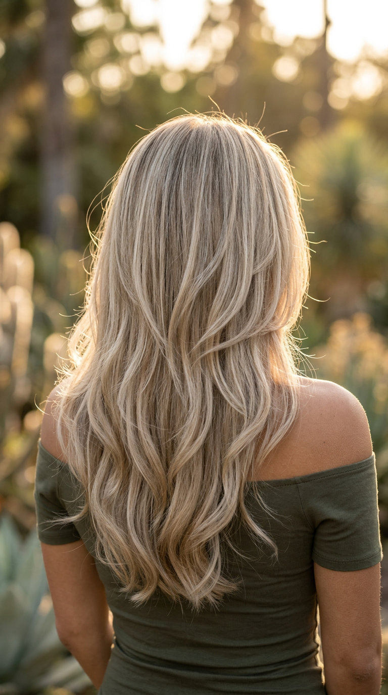long linen blonde butterfly haircut with ash lowlights, babylights — romantic date night