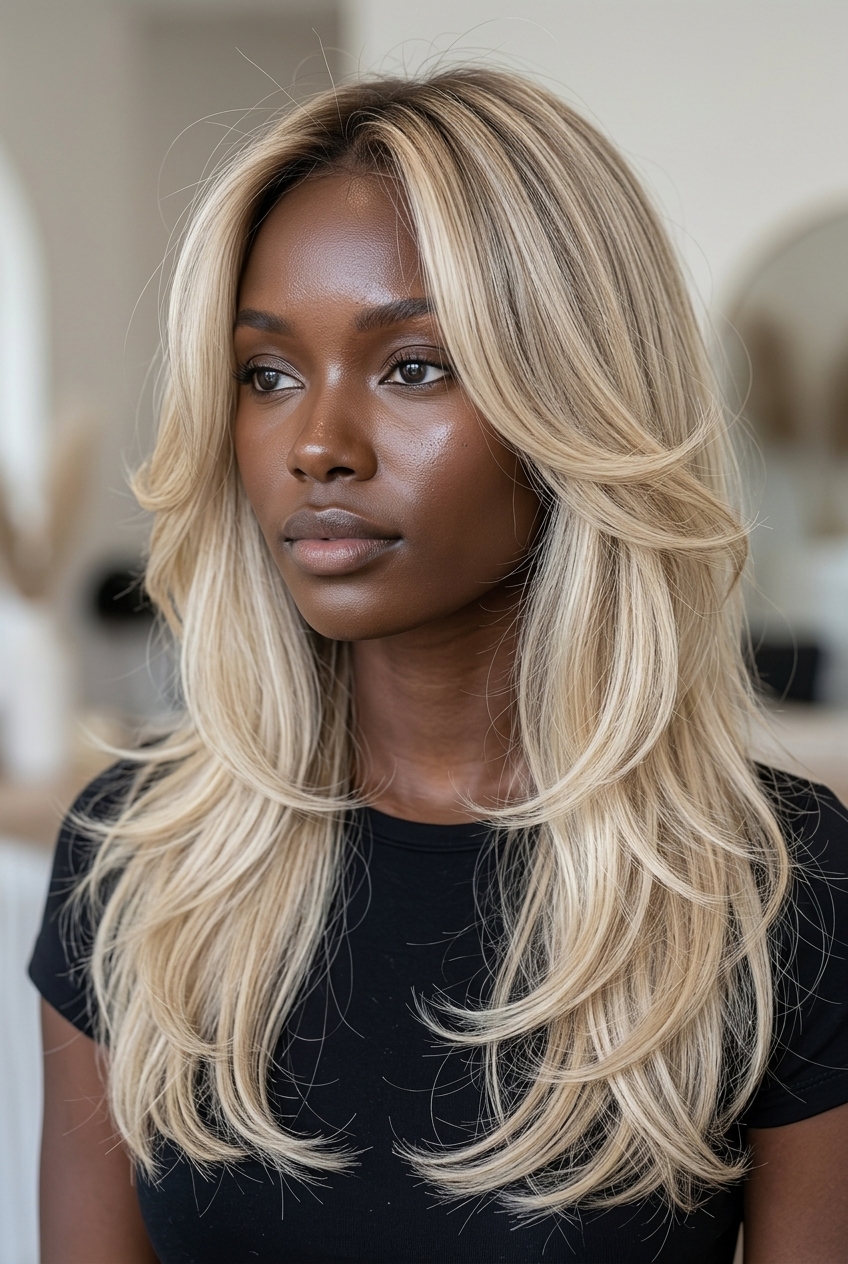 long linen blonde haircut with butterfly layers and mushroom brown root for ethereal romance