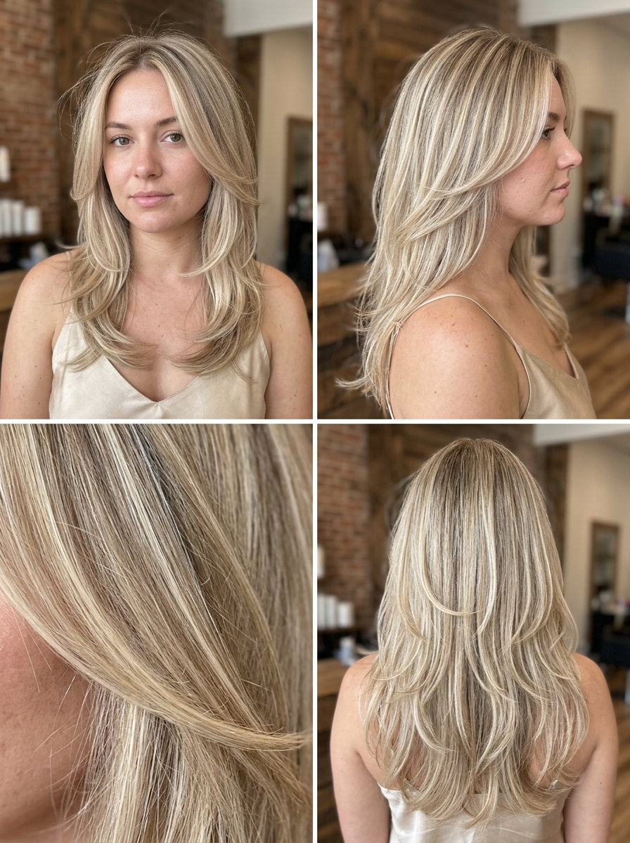 long butterfly haircut with linen blonde balayage and pearl babylights for summer