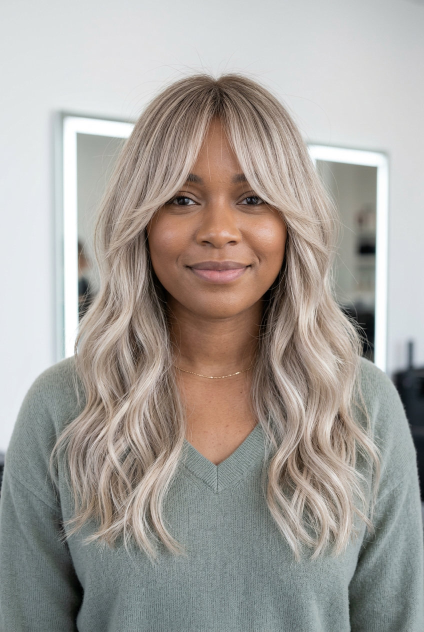 long haircut with linen blonde & ash brown root smudge, pearl highlights & wispy curtain bangs for round faces