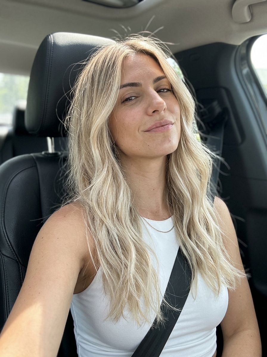 long haircuts in pale linen blonde with sandy beige tones, minimal ghost layers, tapered ends, no bangs — soft and effortless