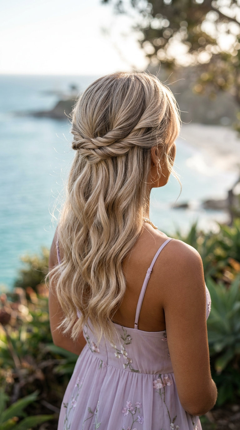 long wavy hairstyle with linen blonde and twisted crown for summer 2026