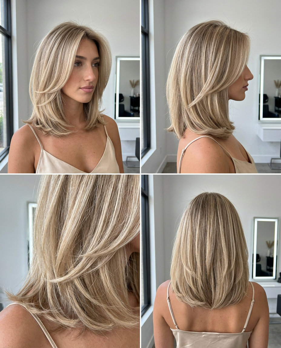 medium lob haircut with linen blonde color, sandy roots, and flipped-in ends for summer