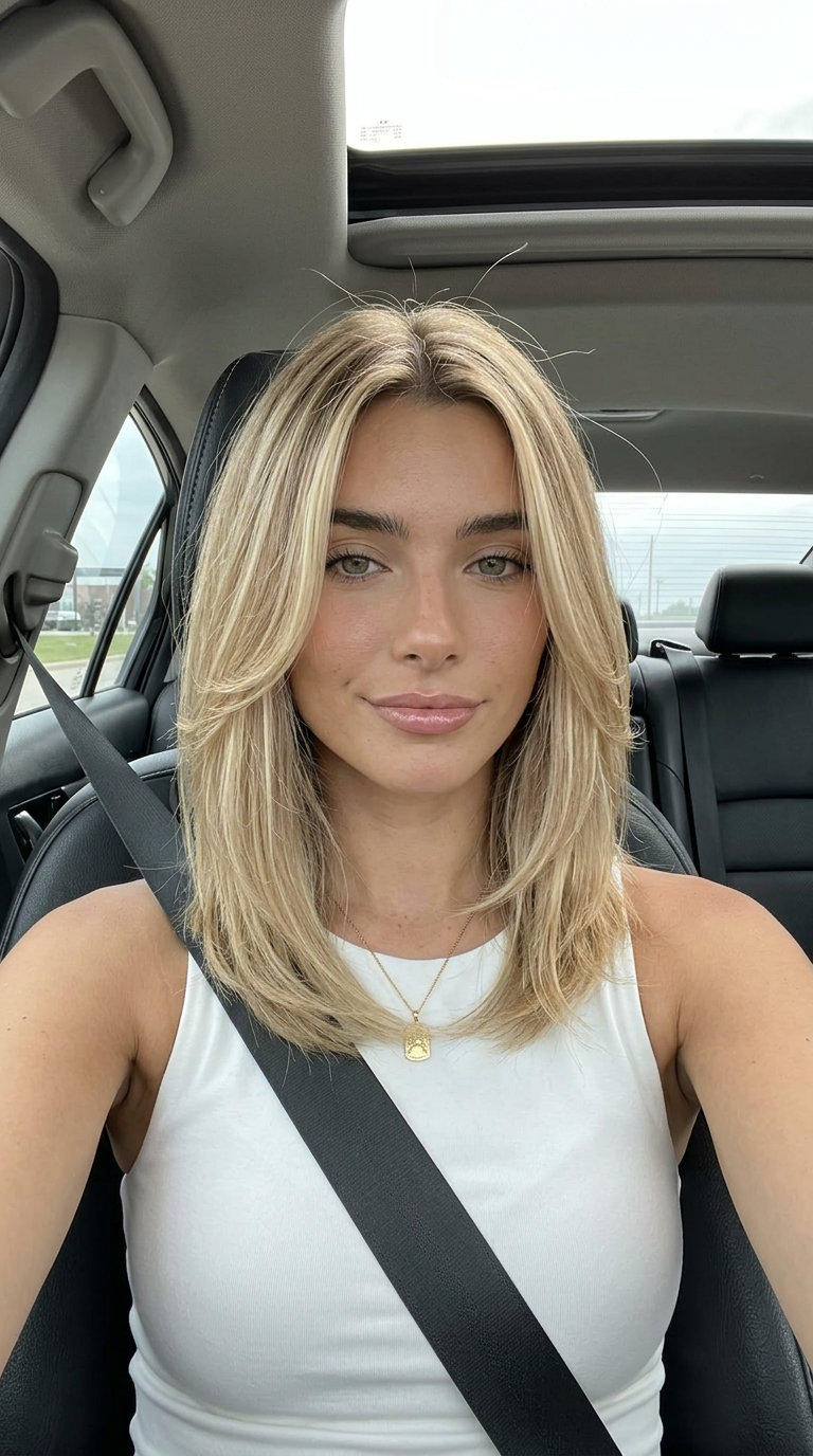 medium butterfly lob haircut with linen blonde color, soft root smudge, and face-framing pieces for summer