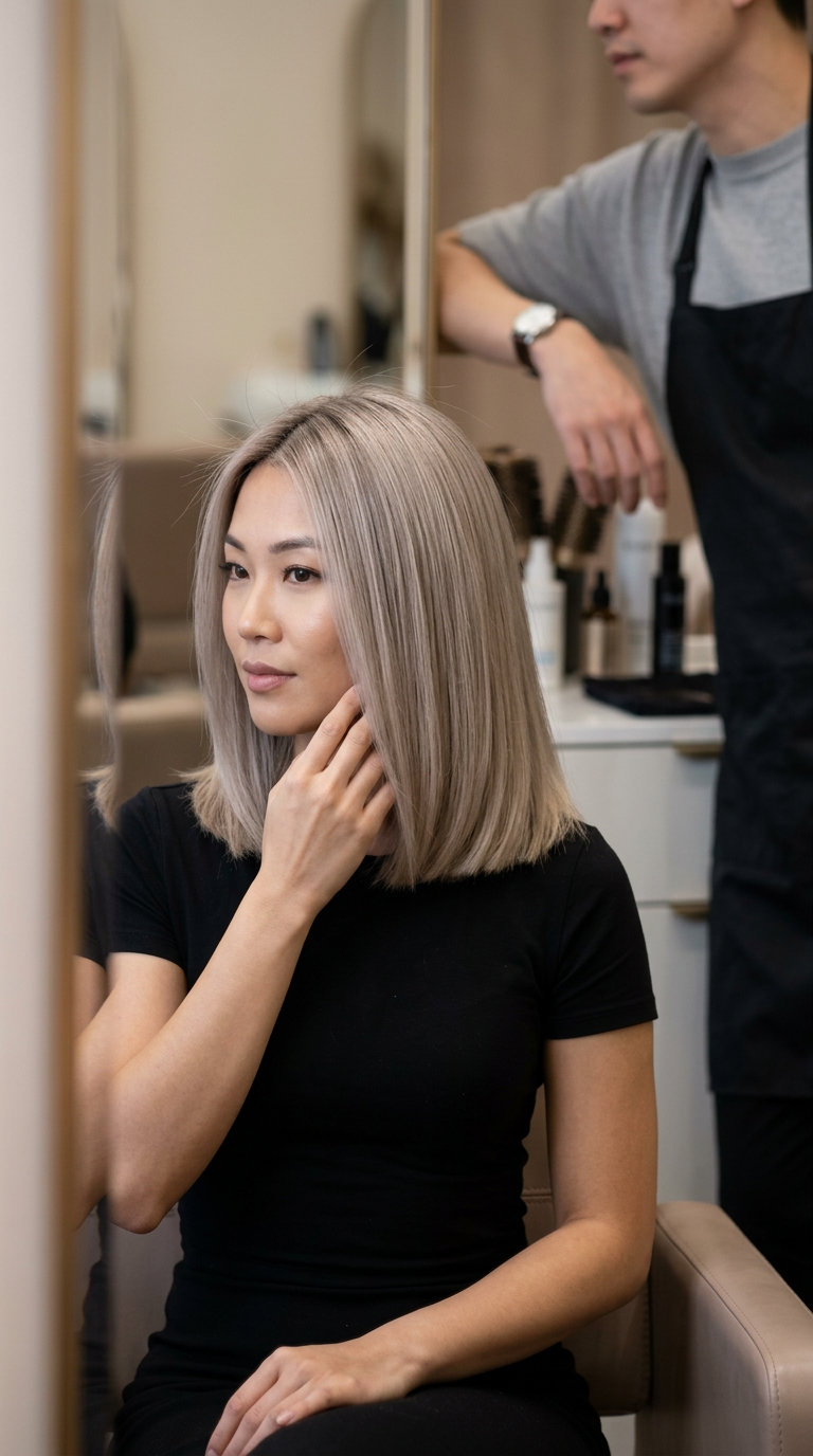 medium lob haircut with cool linen blonde, point-cut ends, no bangs — minimalist chic look