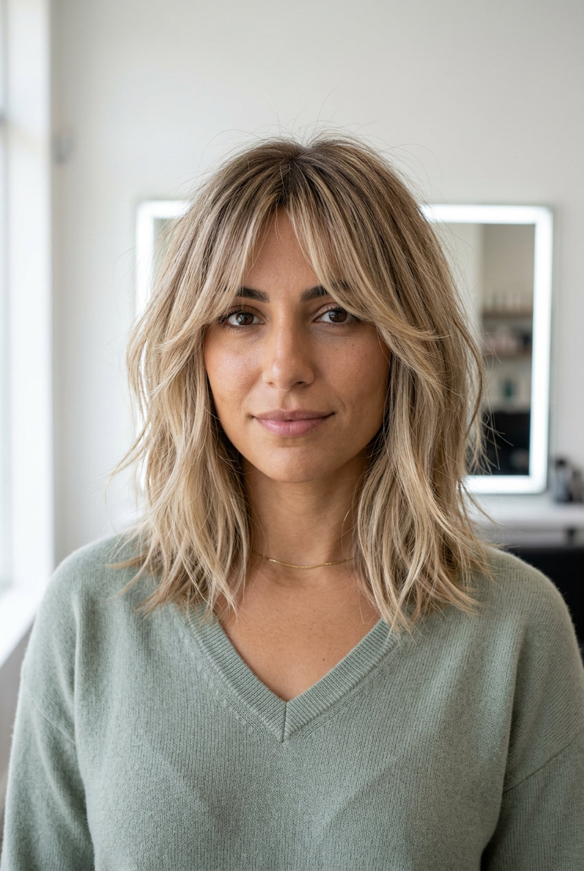 medium textured lob haircut with linen blonde color, wispy bangs, and face-framing layers for summer