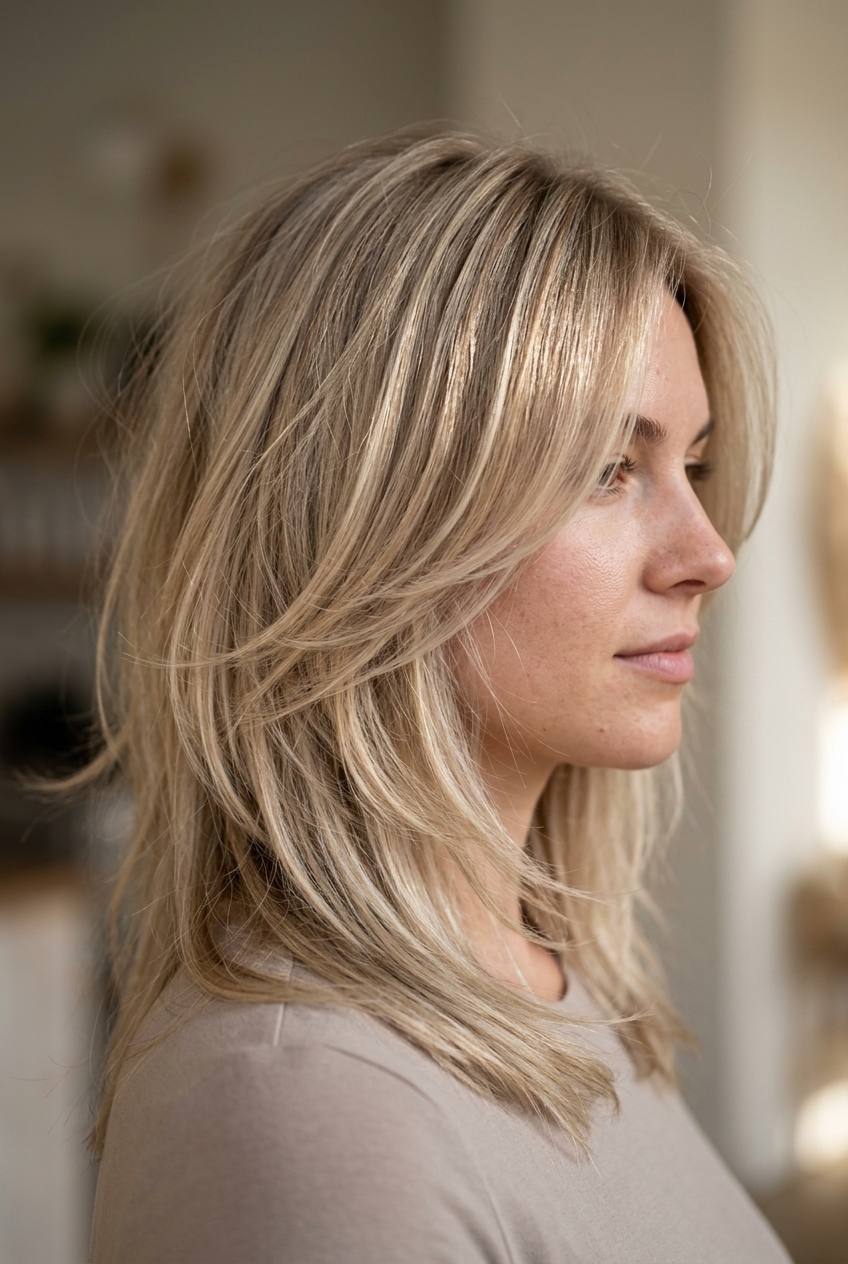 medium-long kitty cut haircut in neutral linen blonde with face-framing layers and wispy ends for casual wear