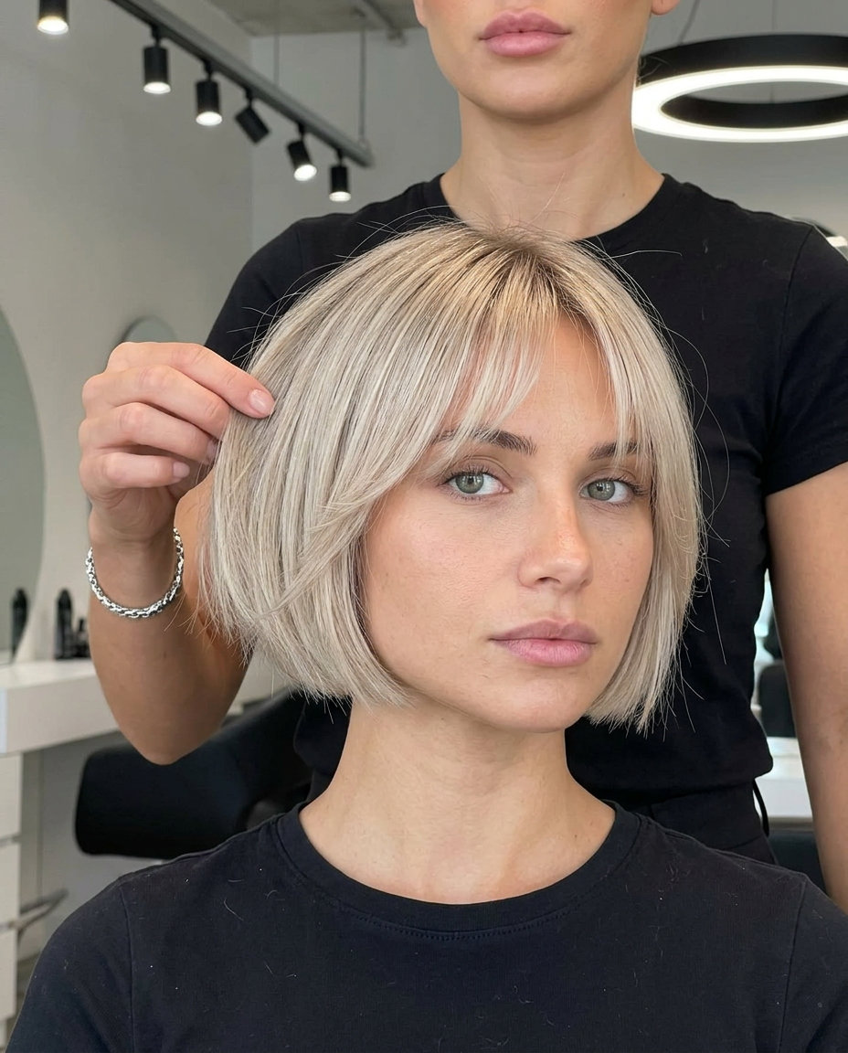 short micro bob haircut in cool linen blonde with ash-beige toner, feathered texture, soft fringe