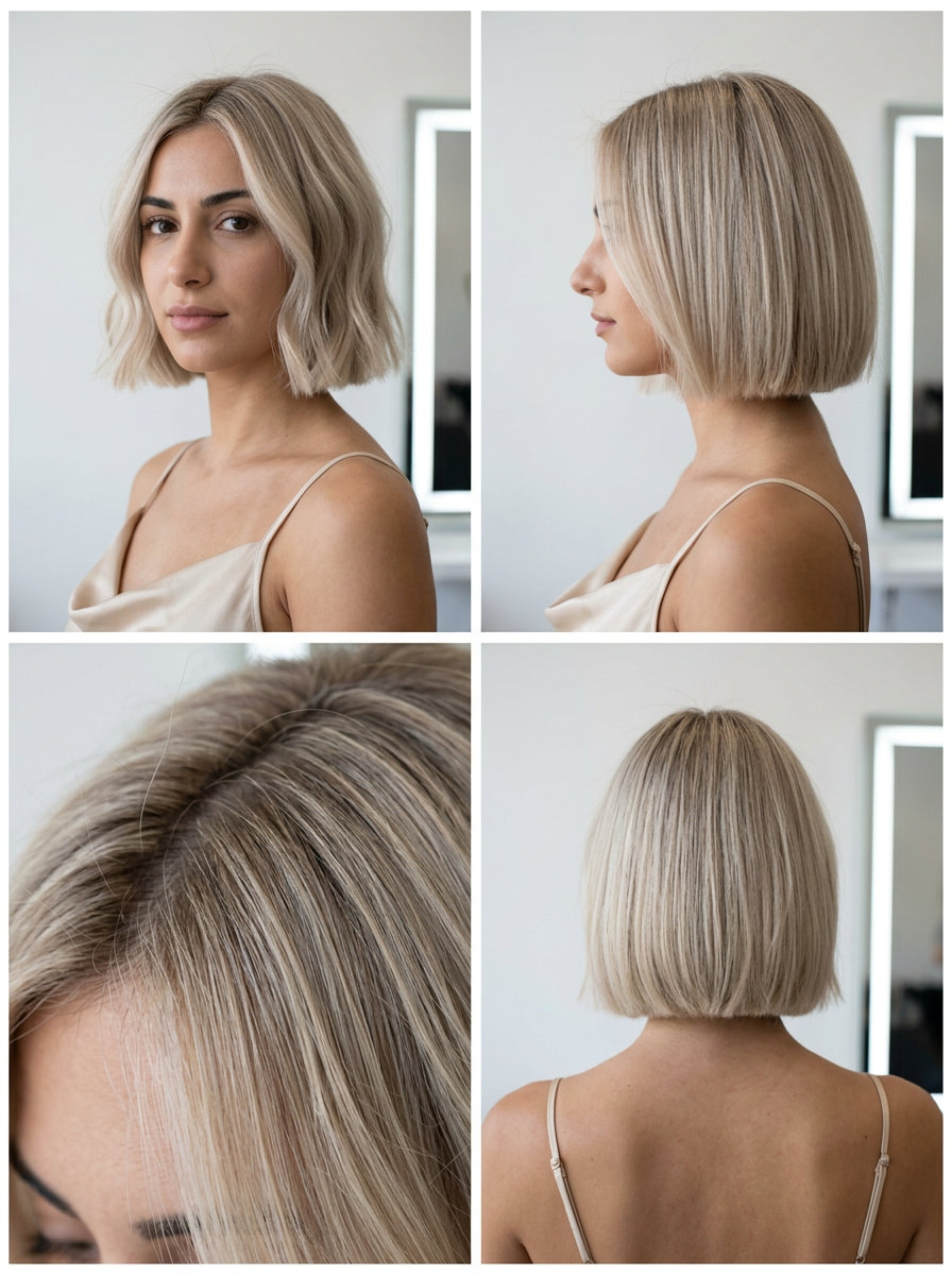 short linen blonde micro bob with beige tones, blunt cut, no bangs — modern classic