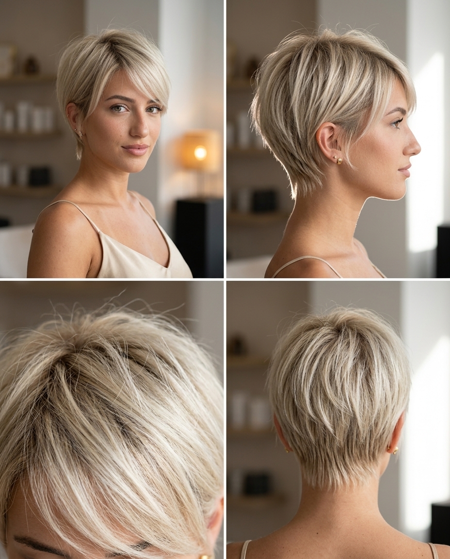 short linen blonde textured crop with side-swept fringe for edgy looks