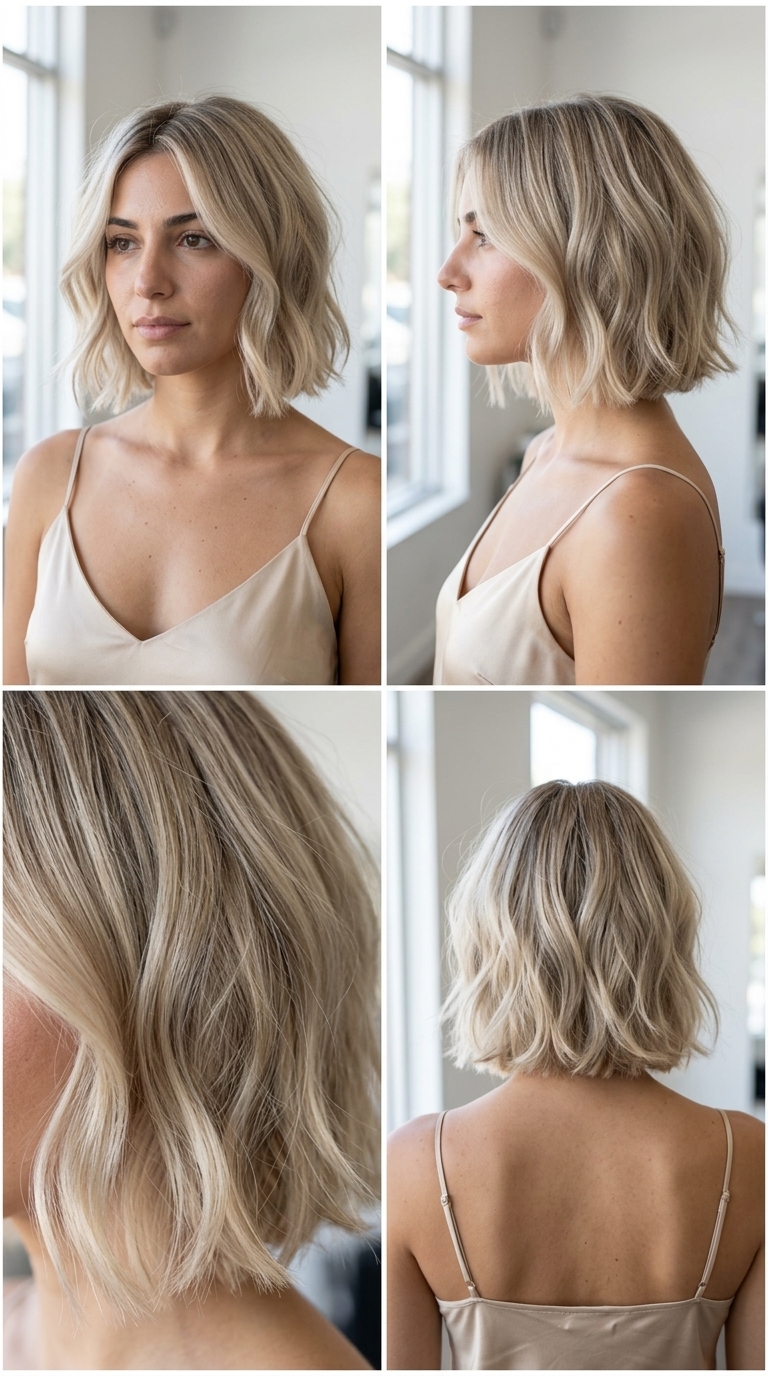 shoulder-length linen blonde bob with textured layers and soft root smudge for summer