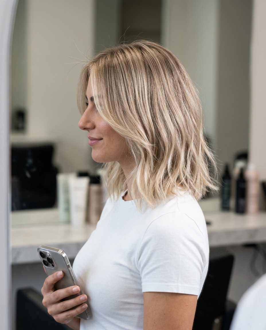 shoulder-length lob haircut with linen blonde color and face-framing pieces for thin fine hair