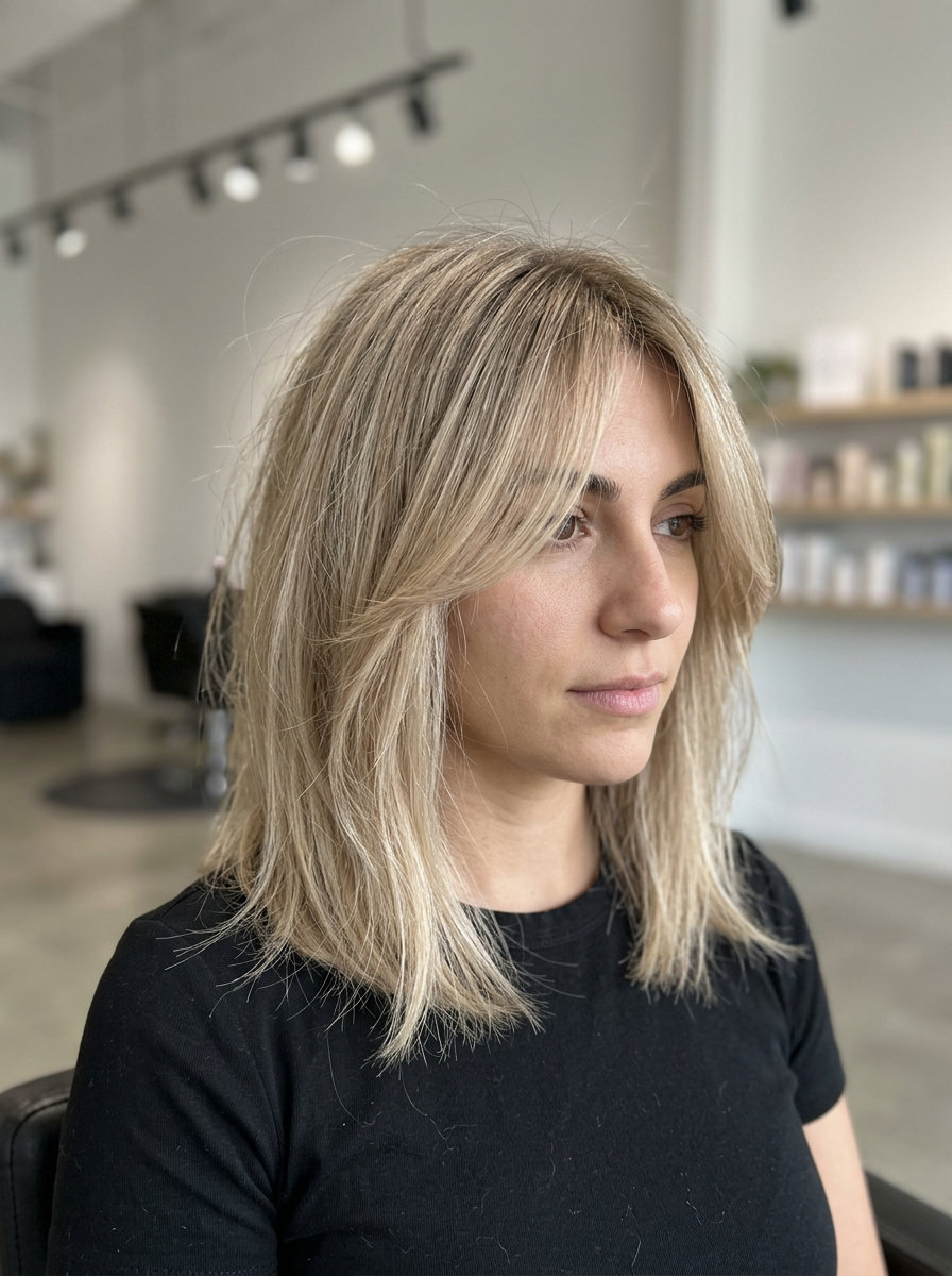 shoulder-length lob with linen blonde color and sweeping bangs for natural waves