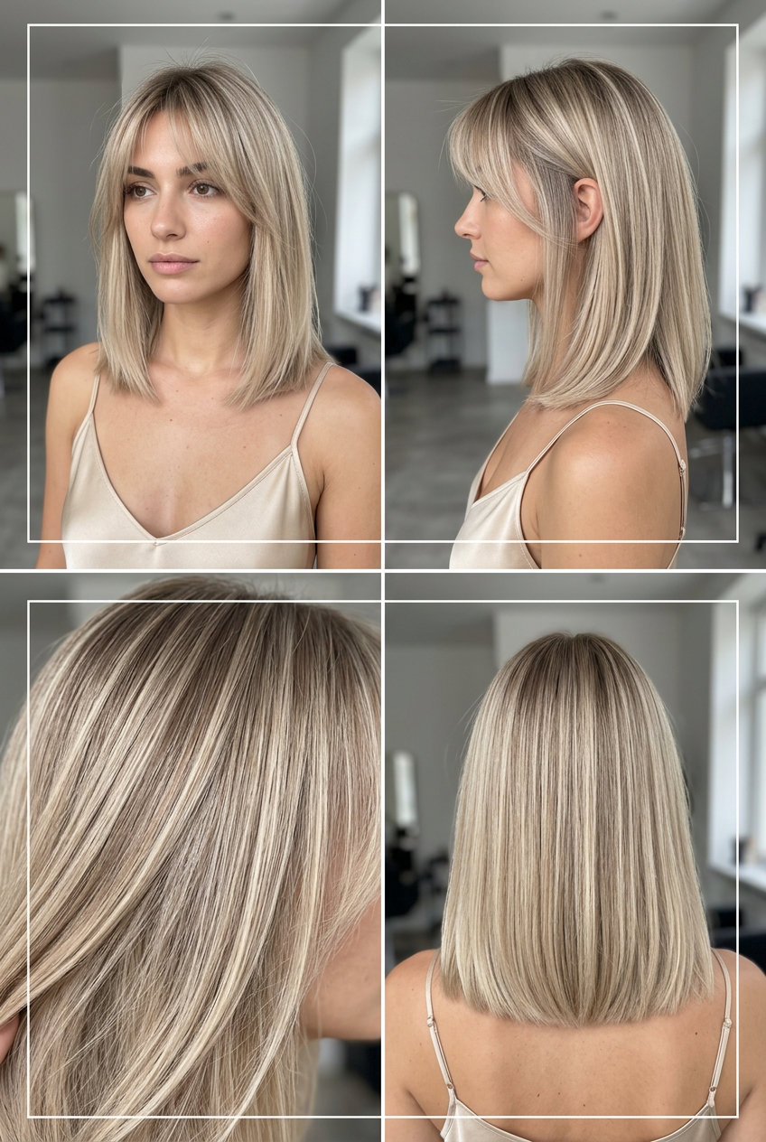 shoulder-length lob with linen blonde color and wispy bangs for minimalist chic