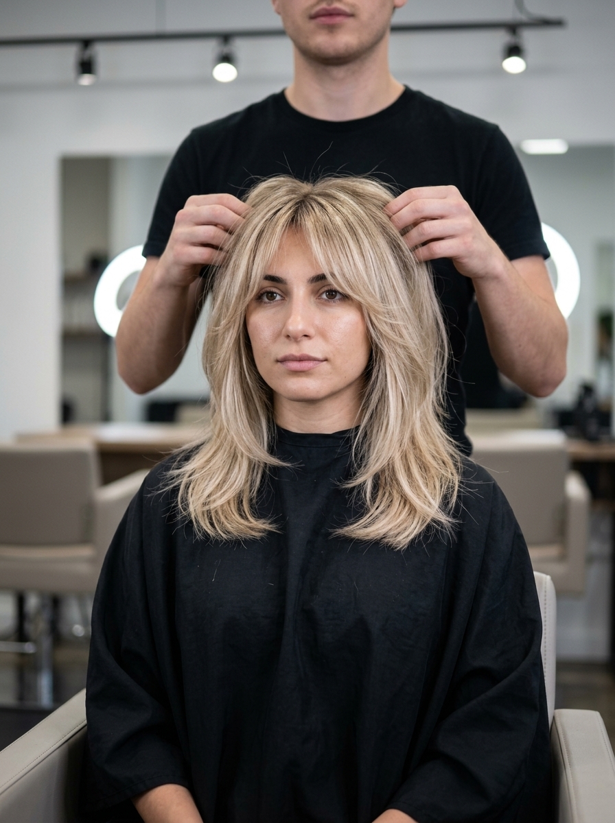 shoulder-length shag haircut in linen blonde with shadow root and curtain bangs for brunch