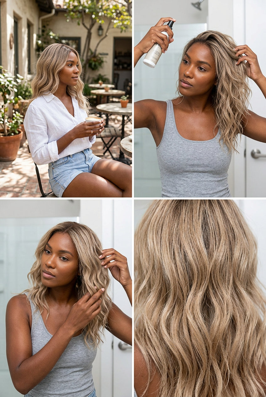 shoulder-length wavy hairstyle with linen sandy blonde and soft diffused root for summer 2026