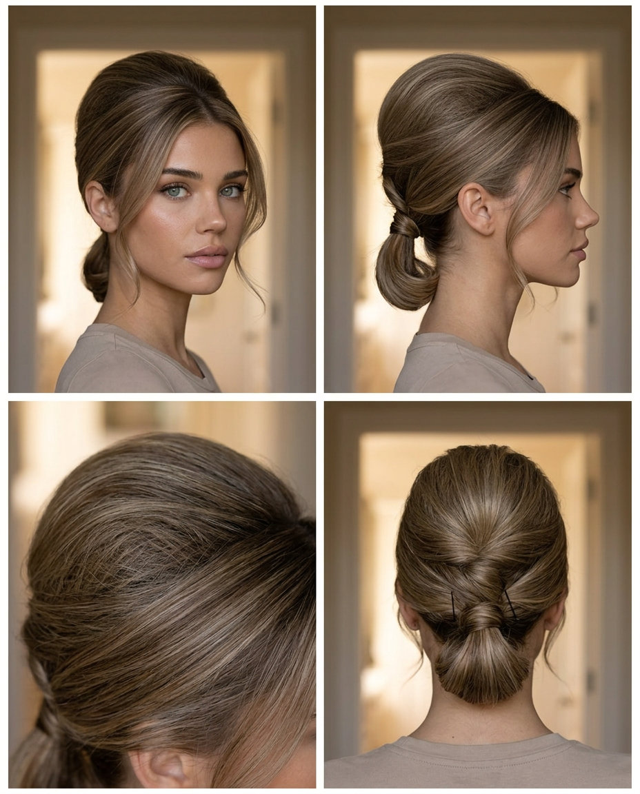 long linen brown beehive updo with volume, backcombed crown, no fringe — retro elegant