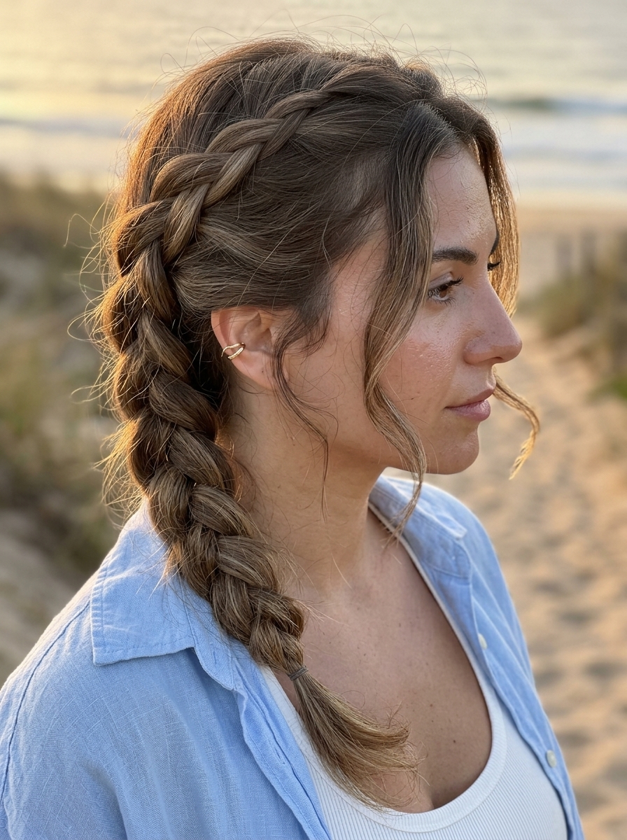 long linen brown french braid with face-framing pieces for summer