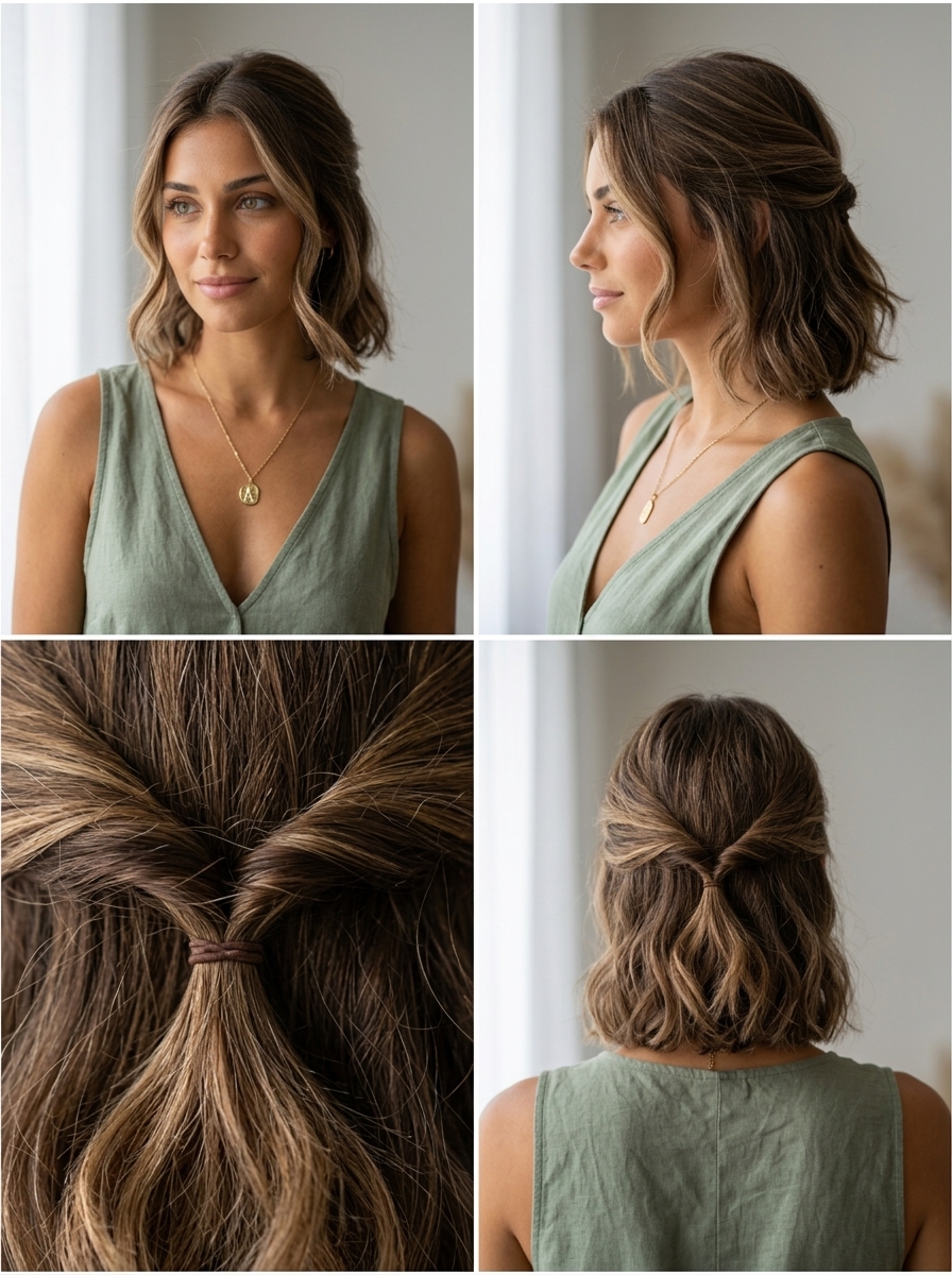 short bob haircut with linen brown babylights, half-up twist with face-framing pieces for chic casual wear