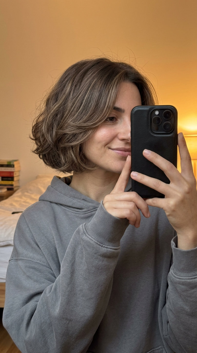 short layered bob haircut in neutral linen brown with beige babylights, enhanced curls, no fringe — natural beach day look