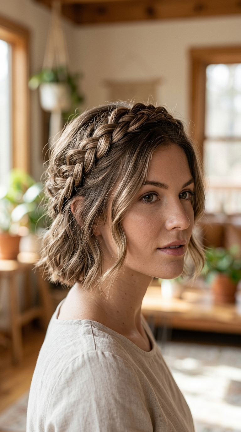 short braided hairstyle in linen brown with beige tones, Dutch crown braid with face-framing tendrils for bohemian weekend