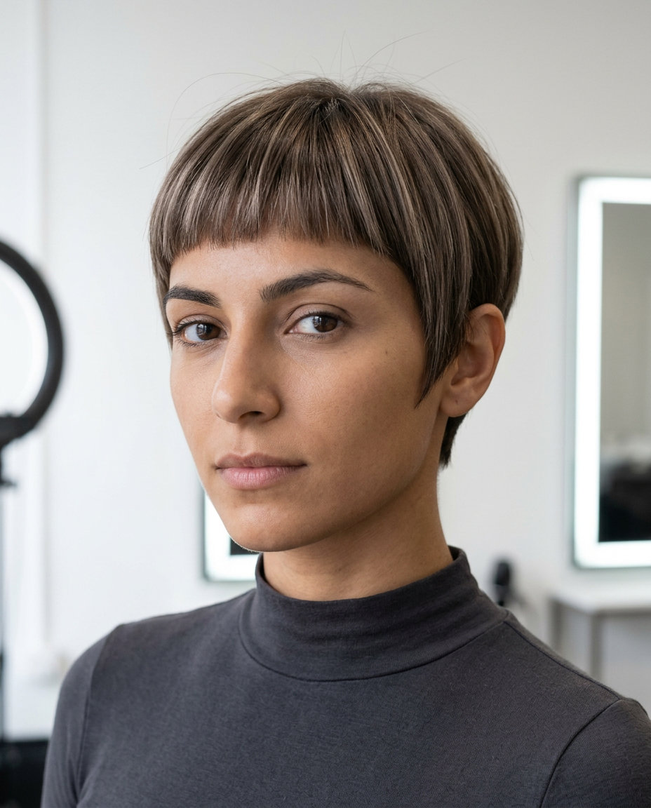 short architectural crop in linen brown with cool beige babylights and micro-fringe for professional meetings