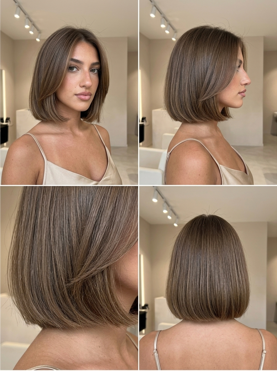 Quiet Luxury Linen Brown Bob 2026 short italian bob haircut with linen brown, subtle beige babylights, face-framing layers — professional polish
