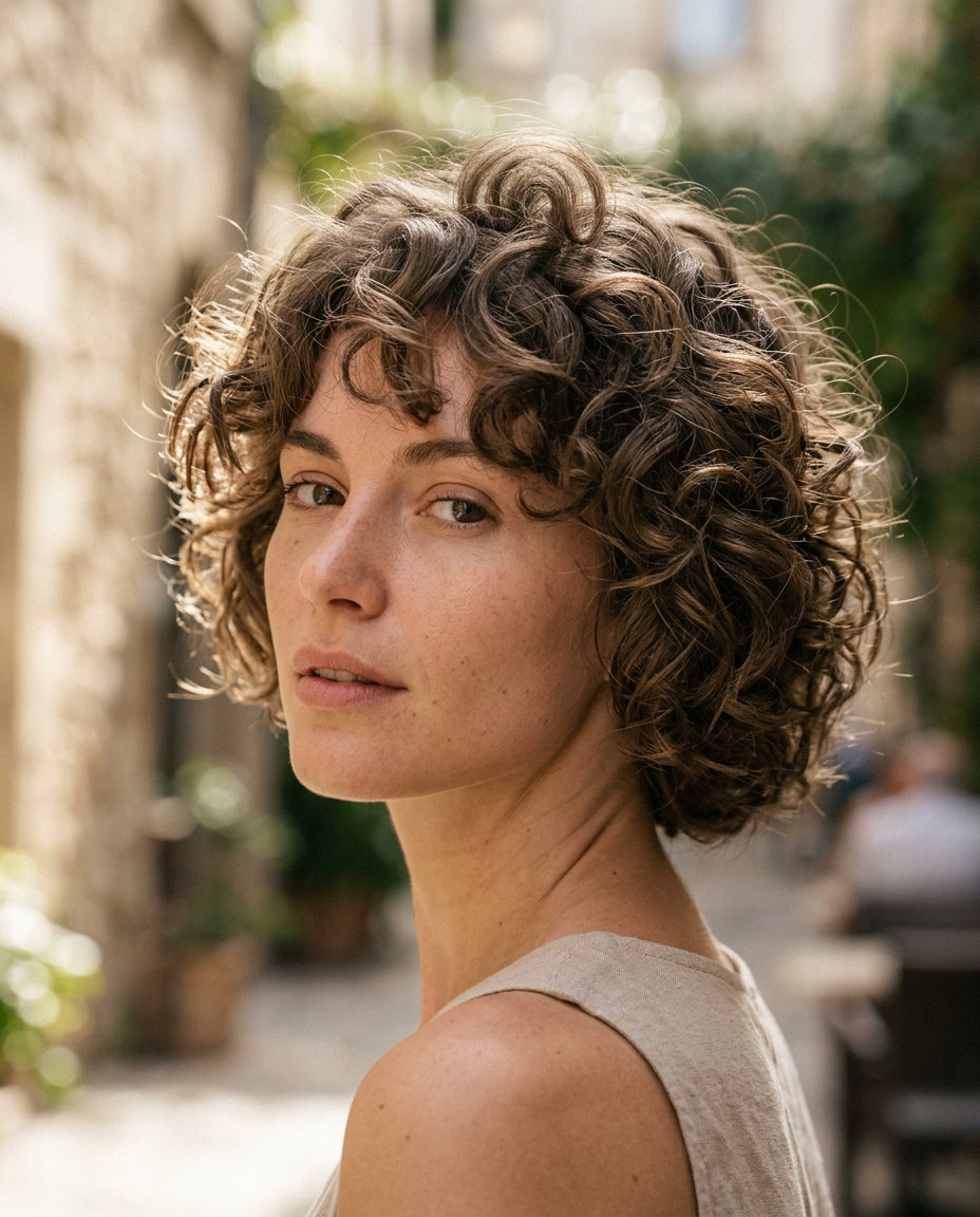 Botticelli Linen Brown Italian Bob 2026 short italian bob haircut in linen brown with beige-brown tones, layered for curls — bohemian style