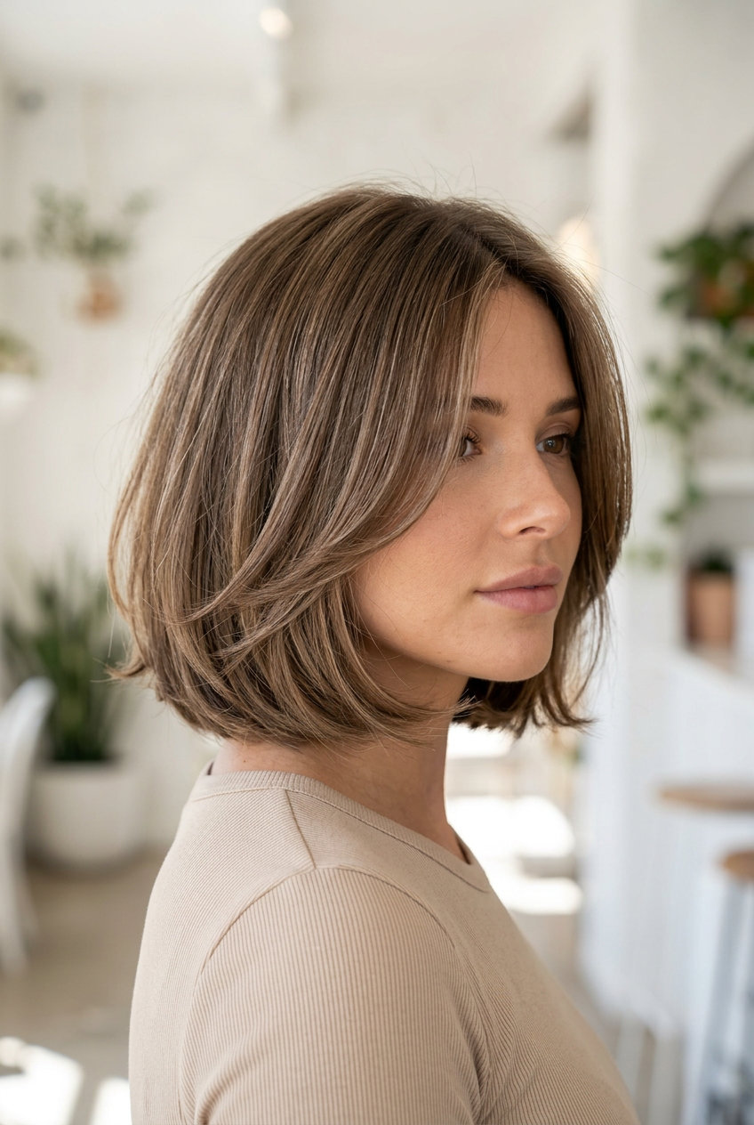 Breezy Linen Brown Italian Bob 2026 short italian bob haircut in neutral linen brown with beige undertones, internal layers — natural look